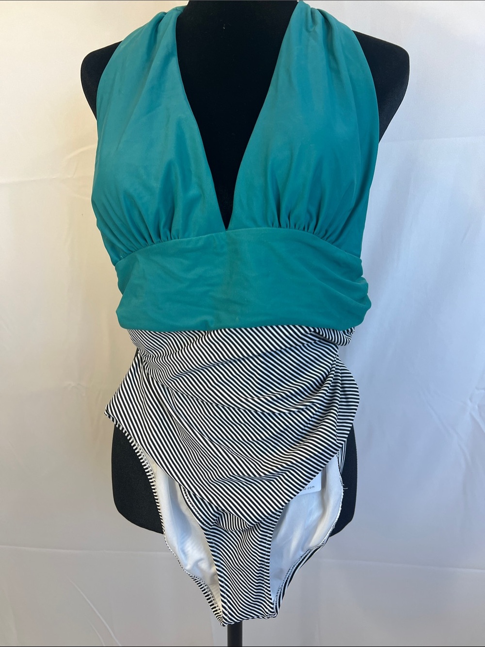 Plunge Halter One-Piece with Contrasting Stripe Bottom